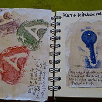 Potato print and inked key and kitchen roll print